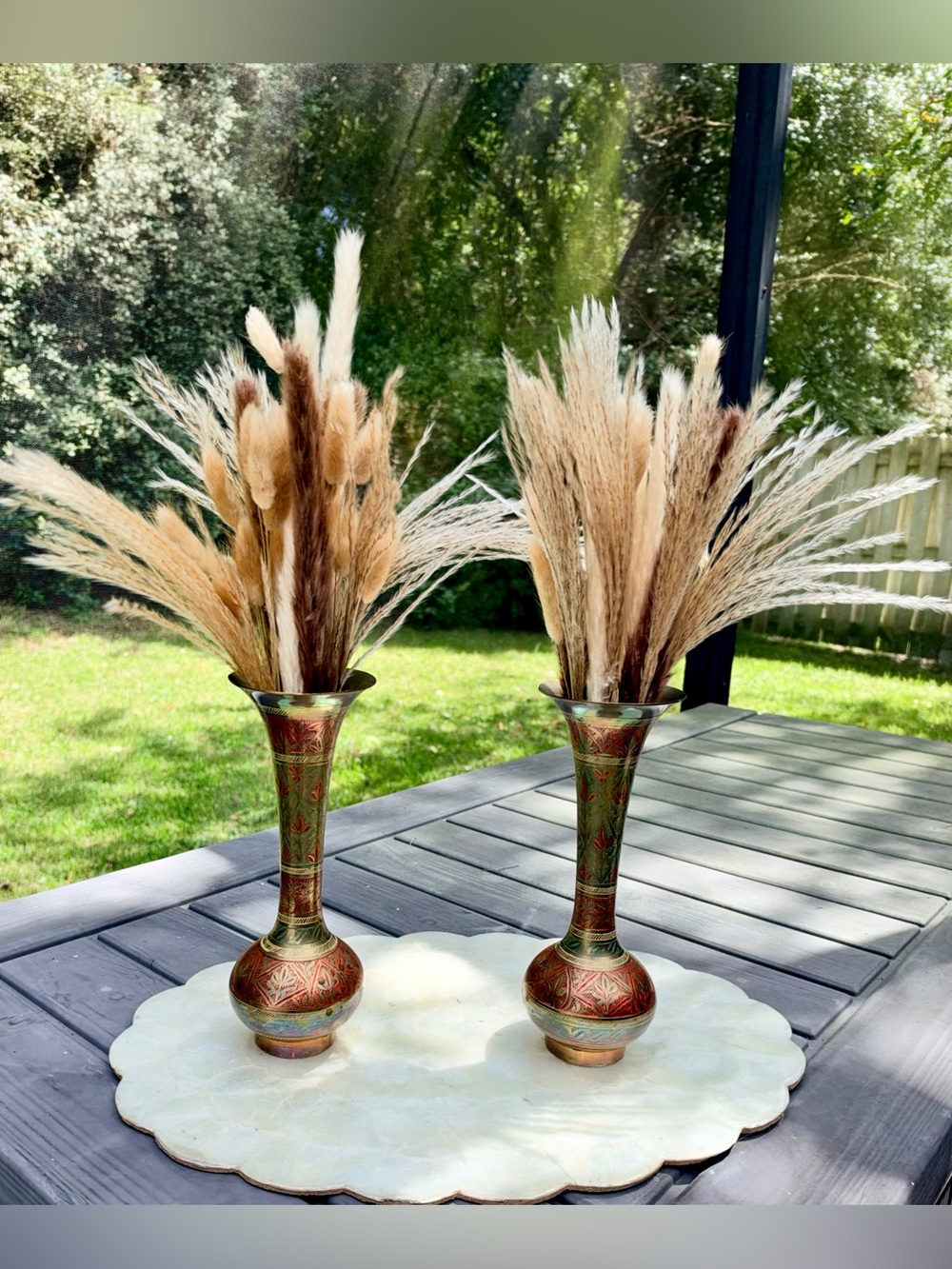 Vintage Indian Brass Vases Set of 2 Red Green Etched Enamel Made in India